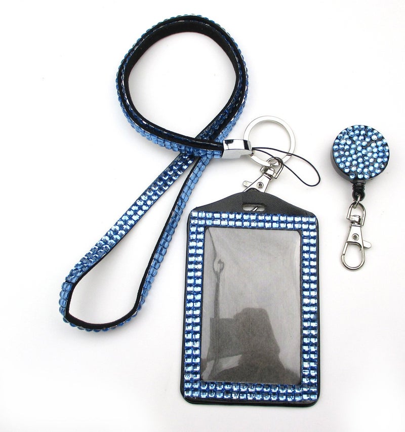 ALL in ONE Rhinestone Lanyard Bling Crystal Necklace + Badge Reel + Card Holder for Business Id/Key (Blue) - Image 1